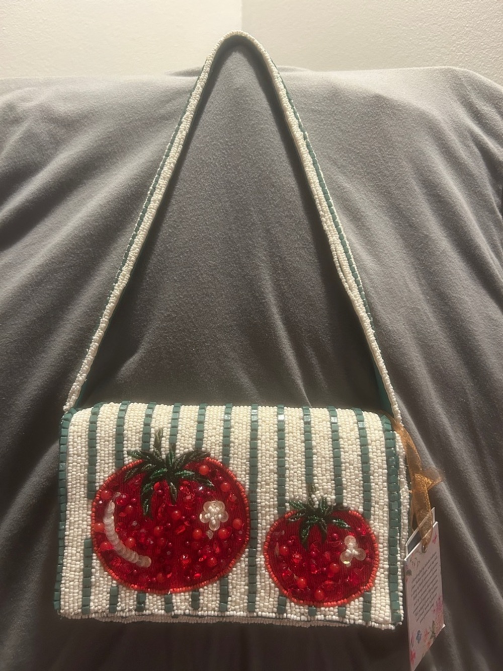 Beaded Tomato Crossbody Bag in White & Green